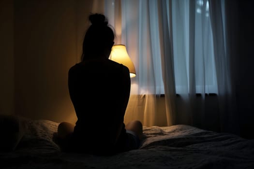 Silhouette woman sitting on the bed in the dark room with lamp, Sad woman. Neural network generated image. Not based on any actual scene or pattern.