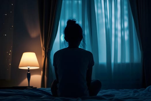 Silhouette woman sitting on the bed in the dark room with lamp, Sad woman. Neural network generated image. Not based on any actual scene or pattern.