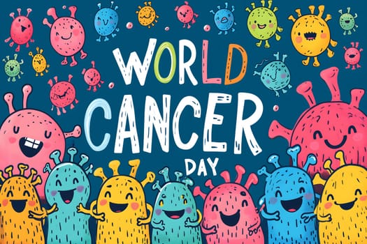 Simple cartoon world cancer day background with the inscription on it, surrounded with colorful happy tumors. Neural network generated image. Not based on any actual scene or pattern.