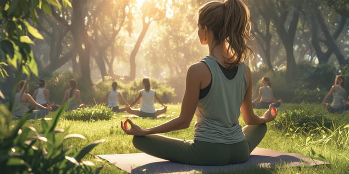 Group of adults attending a yoga class outside in park with natural background.