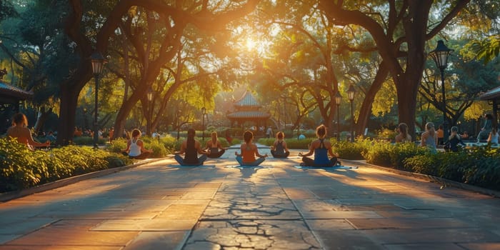 Group of adults attending a yoga class outside in park with natural background.