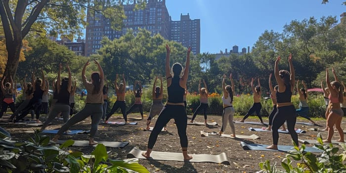 Group of adults attending a yoga class outside in park with natural background.