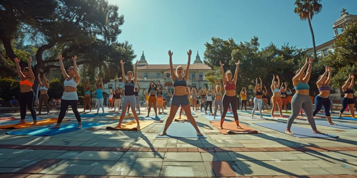 Group of adults attending a yoga class outside in park with natural background.