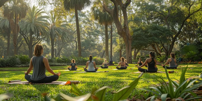 Group of adults attending a yoga class outside in park with natural background.