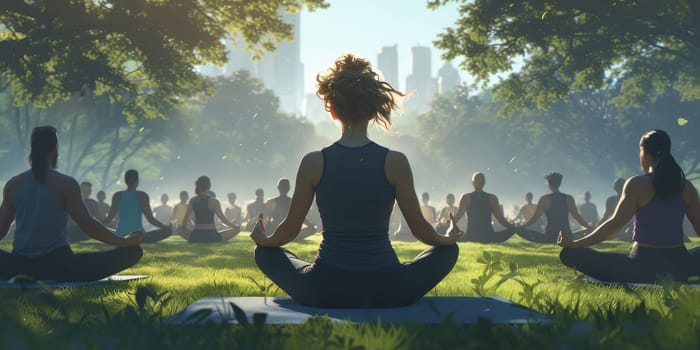 Group of adults attending a yoga class outside in park with natural background.