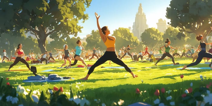 Group of adults attending a yoga class outside in park with natural background.