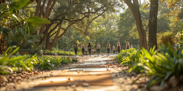 Group of adults attending a yoga class outside in park with natural background.