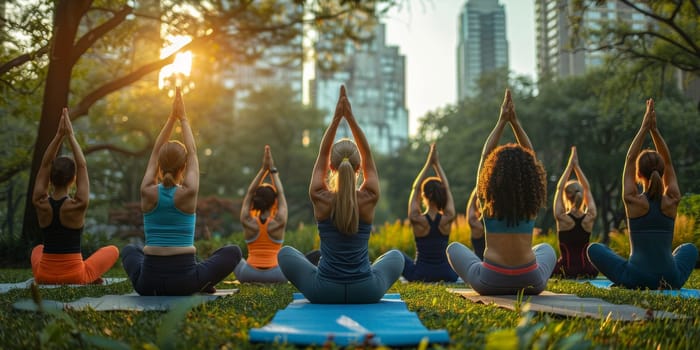 Group of adults attending a yoga class outside in park with natural background.