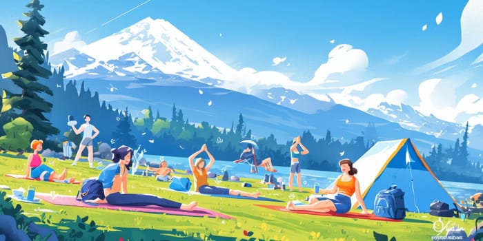 Group of adults attending a yoga class outside in park with natural background.