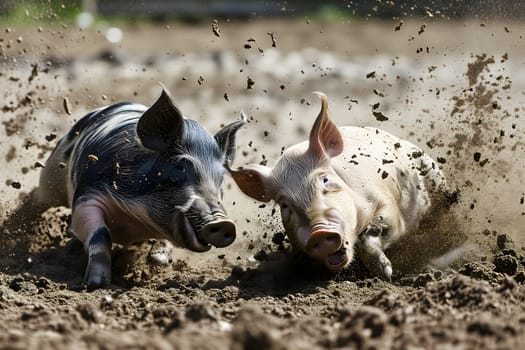 Two pigs running in a dirt at sunny day with splashes of mud. Neural network generated image. Not based on any actual scene or pattern.