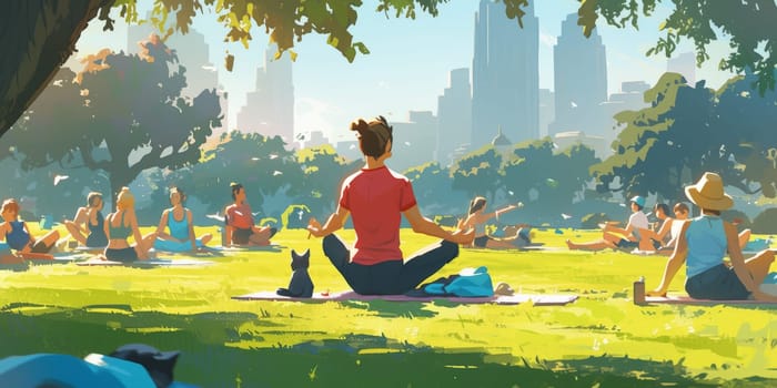 Group of adults attending a yoga class outside in park with natural background.