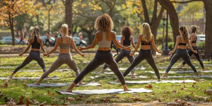 Group of adults attending a yoga class outside in park with natural background.