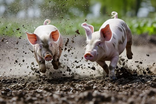 Two pigs running in a dirt at sunny day with splashes of mud. Neural network generated image. Not based on any actual scene or pattern.