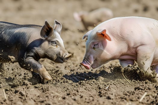 Two pigs running in a dirt at sunny day with splashes of mud. Neural network generated image. Not based on any actual scene or pattern.