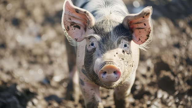 Young pig laying in a dirt. Neural network generated image. Not based on any actual scene or pattern.