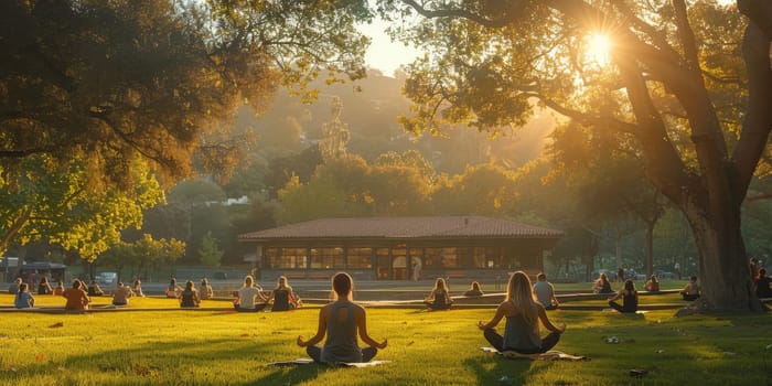 Group of adults attending a yoga class outside in park with natural background.