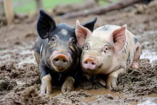 Two young pigs laying in a dirt. Neural network generated image. Not based on any actual scene or pattern.