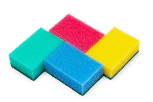 Group of rectangular foam sponges of blue, green, yellow and pink colors for everyday washing and cleaning of kitchen utensils on white background. Close-up view, horizontal composition.