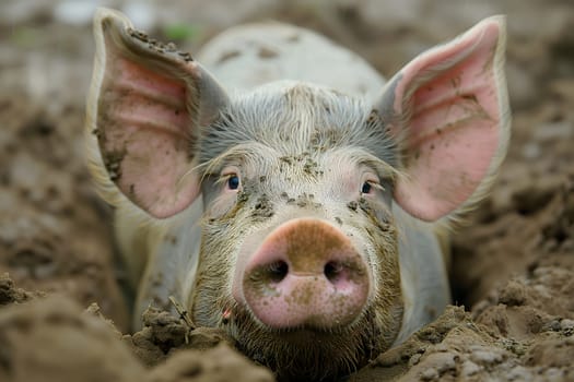 Young pig laying in a dirt. Neural network generated image. Not based on any actual scene or pattern.