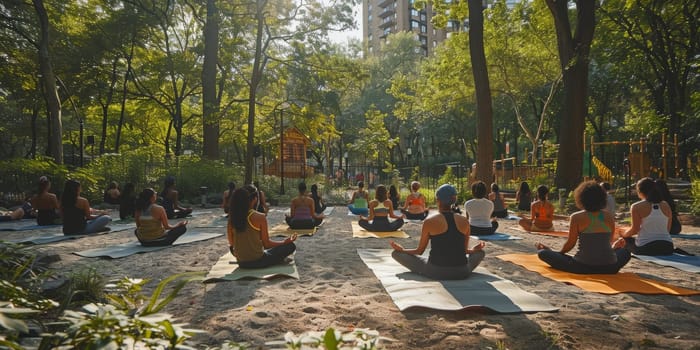 Group of adults attending a yoga class outside in park with natural background.