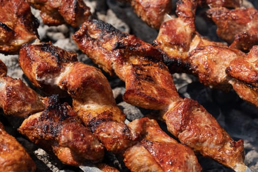 Tasty juicy pork barbecue cooking on metal skewers on outdoors charcoal grill with fragrant fire smoke. Close-up view, cooking during summer picnic. Selective focus on pieces of delicious roast meat.