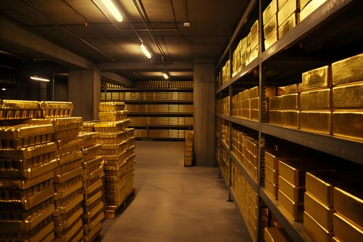 Generic gold reserve vault with stacks of gold bars. Neural network generated image. Not based on any actual scene or pattern.