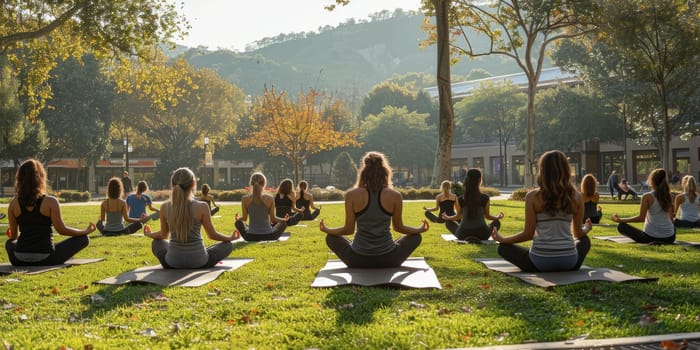 Group of adults attending a yoga class outside in park with natural background.