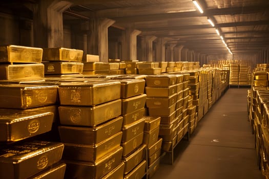 Generic gold reserve vault with stacks of gold bars. Neural network generated image. Not based on any actual scene or pattern.