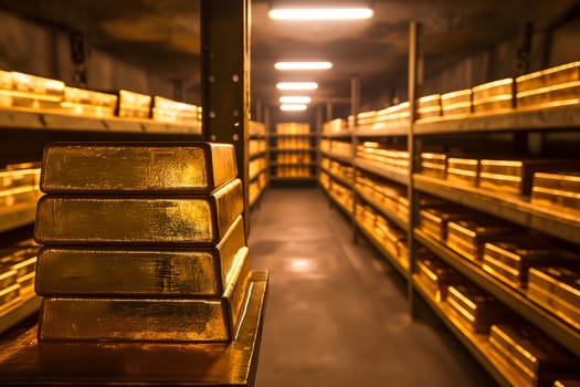 Generic gold reserve vault with stacks of gold bars. Neural network generated image. Not based on any actual scene or pattern.