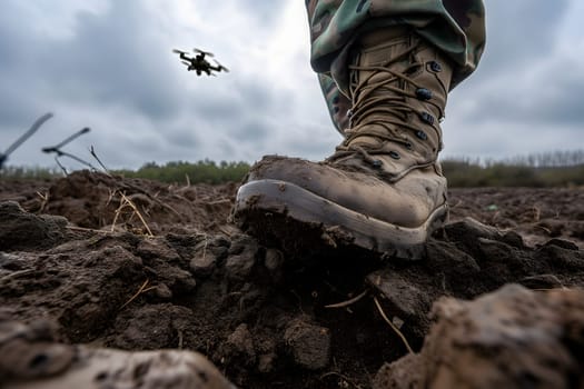 Soldier legs standing on the dirt and drone in the sky above. Neural network generated image. Not based on any actual scene or pattern.