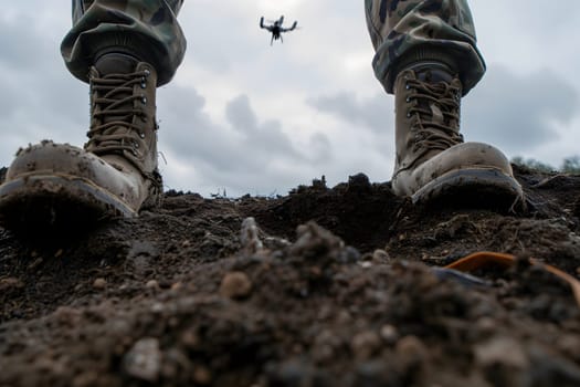 Soldier legs standing on the dirt and drone in the sky above. Neural network generated image. Not based on any actual scene or pattern.