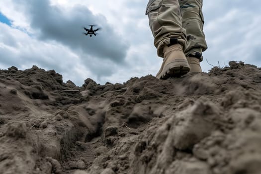 Soldier legs standing on the dirt and drone in the sky above. Neural network generated image. Not based on any actual scene or pattern.