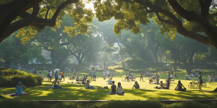 Group of adults attending a yoga class outside in park with natural background.