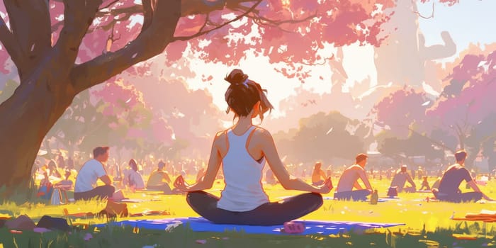 Group of adults attending a yoga class outside in park with natural background.