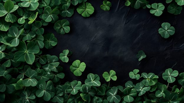 Clover with black background for St. Patricks day. Neural network generated image. Not based on any actual scene or pattern.