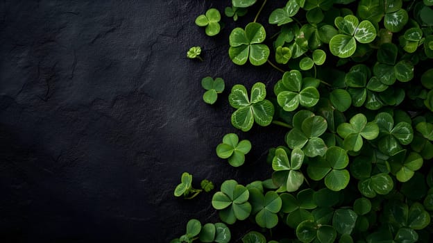 Clover with black background for St. Patricks day. Neural network generated image. Not based on any actual scene or pattern.