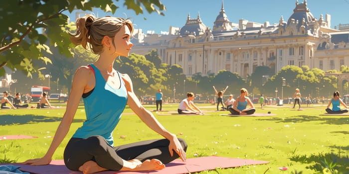 Group of adults attending a yoga class outside in park with natural background.