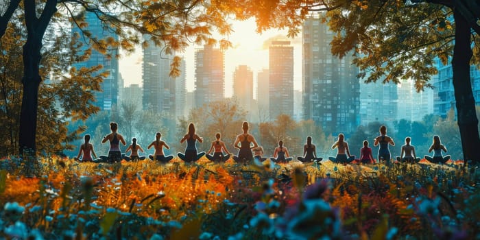 Group of adults attending a yoga class outside in park with natural background.