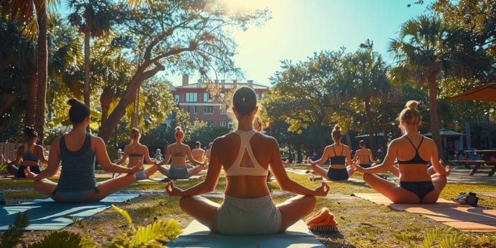 Group of adults attending a yoga class outside in park with natural background.