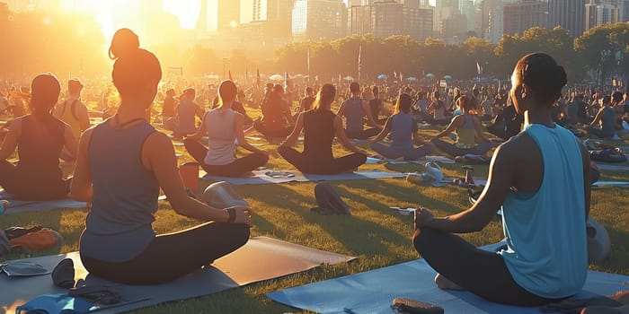 Group of adults attending a yoga class outside in park with natural background.