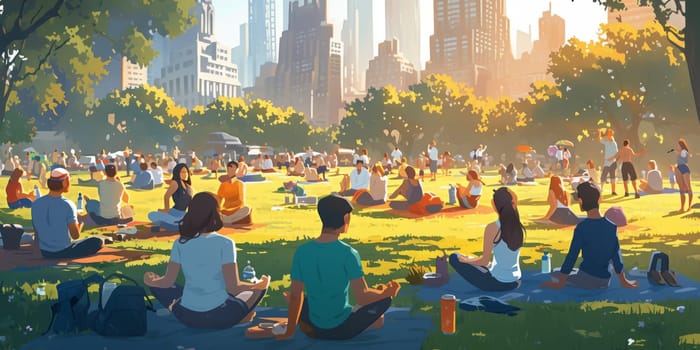 Group of adults attending a yoga class outside in park with natural background.