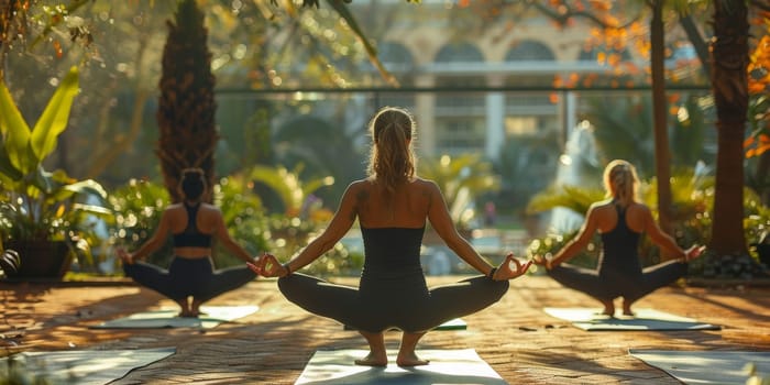 Group of adults attending a yoga class outside in park with natural background.