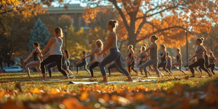 Group of adults attending a yoga class outside in park with natural background.