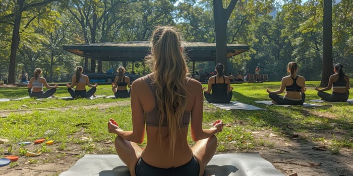 Group of adults attending a yoga class outside in park with natural background.