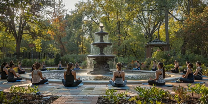 Group of adults attending a yoga class outside in park with natural background.