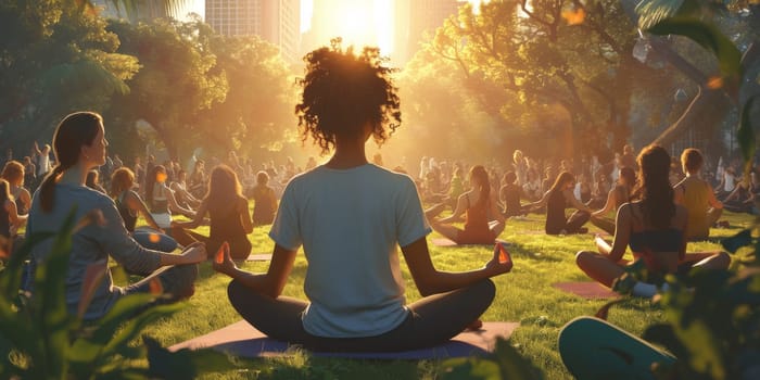 Group of adults attending a yoga class outside in park with natural background.