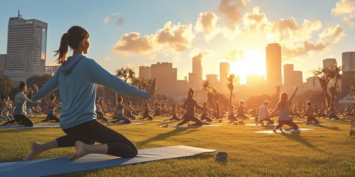 Group of adults attending a yoga class outside in park with natural background.