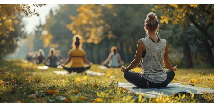 Group of adults attending a yoga class outside in park with natural background.