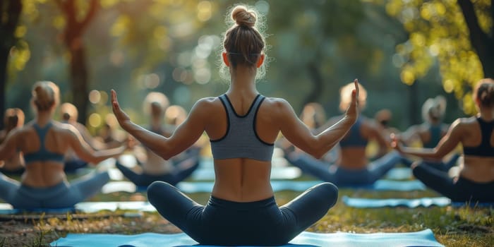 Group of adults attending a yoga class outside in park with natural background.