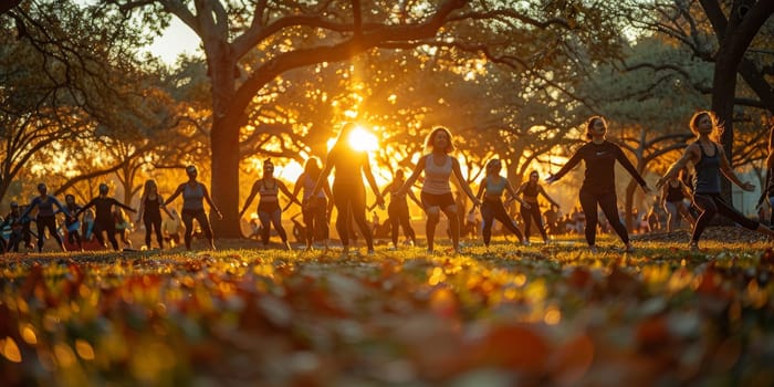 Group of adults attending a yoga class outside in park with natural background.